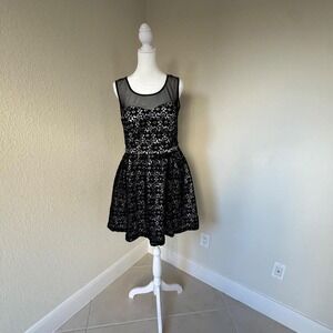 Inspire Me Fit and Flare Dress Women 10 Black Floral‎ Lace Mesh Open Back Party
